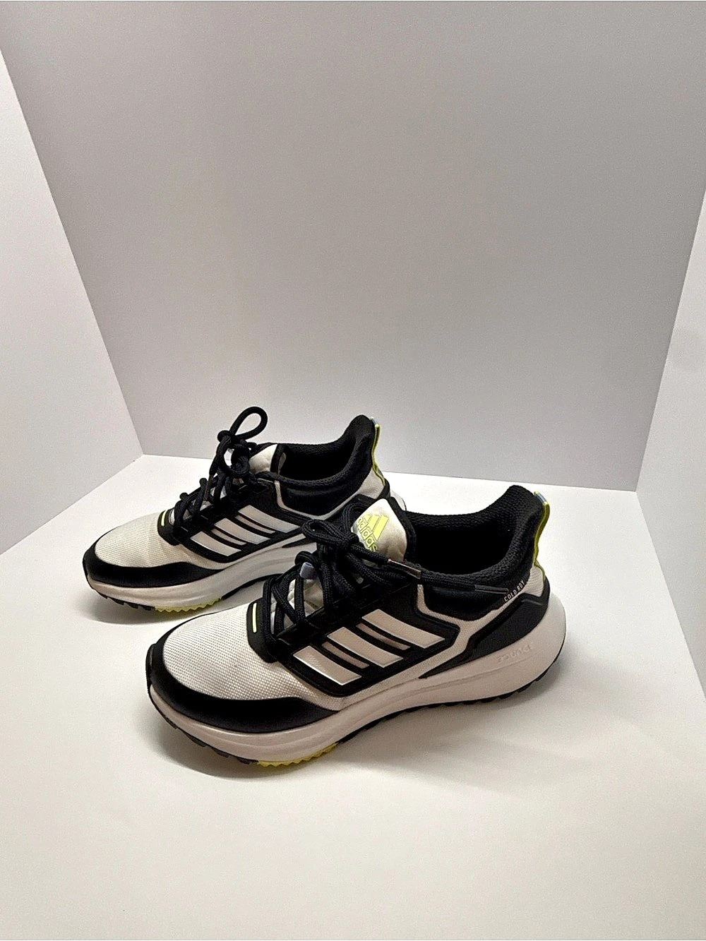 Adidas EQ21 Run COLD. RDY white & black sneakers with three stripes, size US 8.5